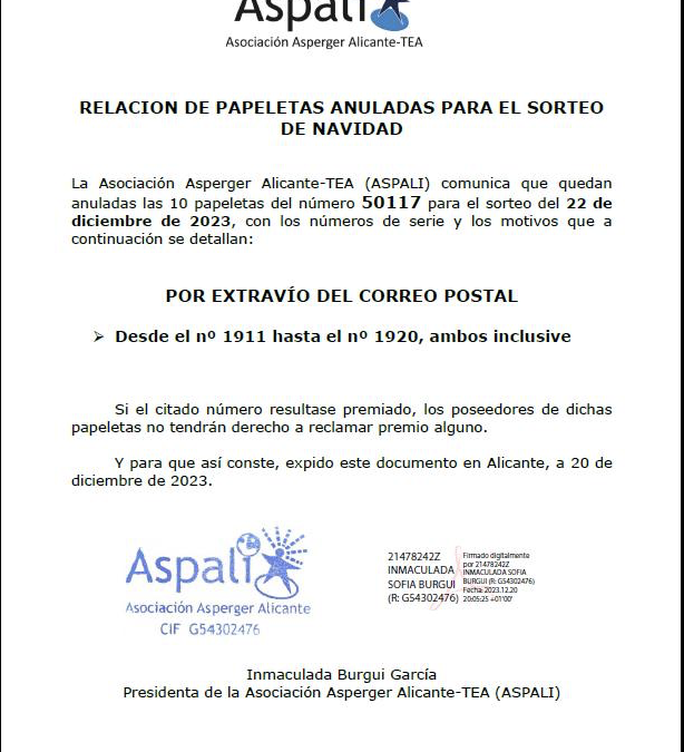 La Asociación Asperger Alicante-TEA (ASPALI) comunica que quedan anuladas las 10 papeletas del número 50117 para el sorteo del 22 de diciembre de 2023, con los números de serie y los motivos que a continuación se detallan: